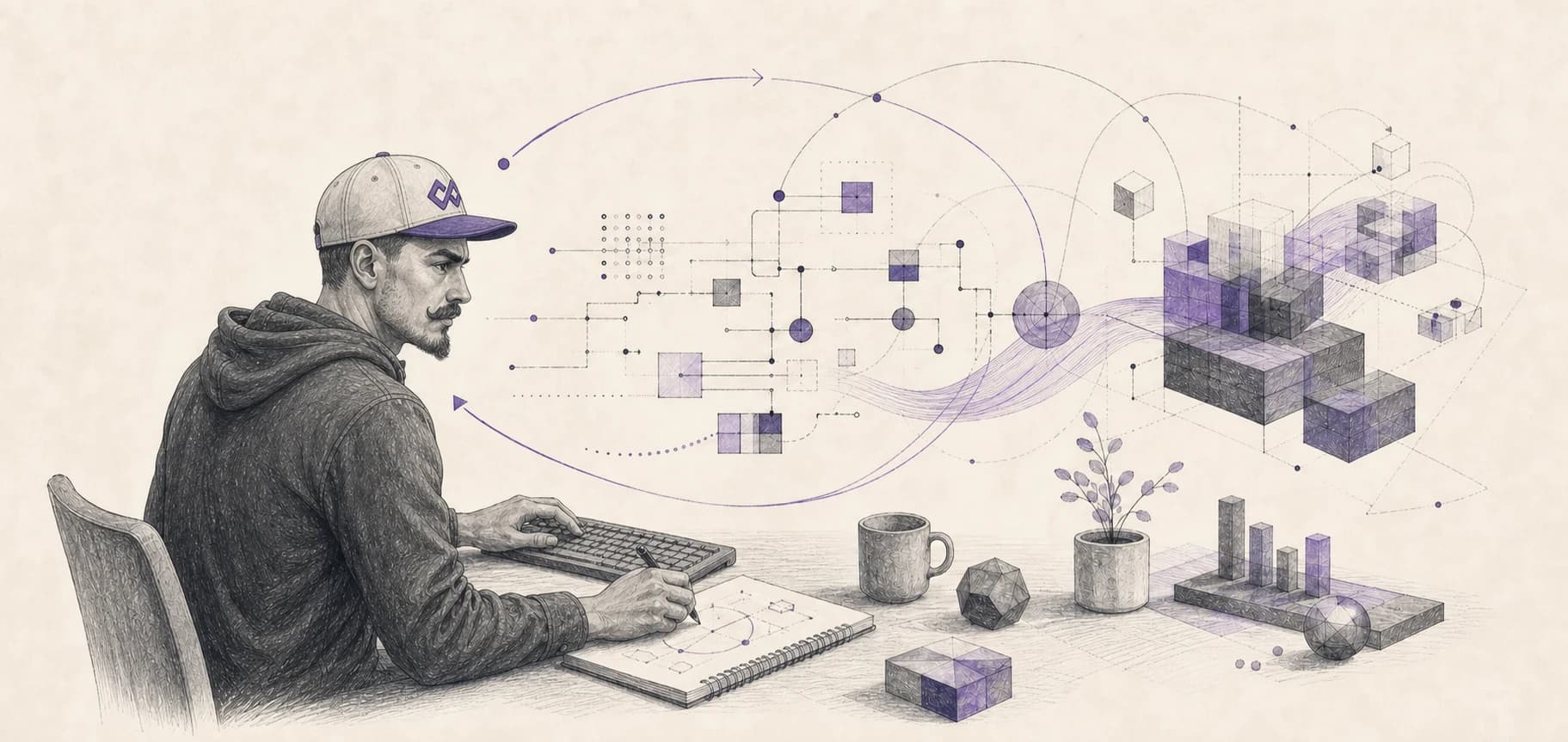 A developer using code, diagrams, and sketches as an iterative medium for thought