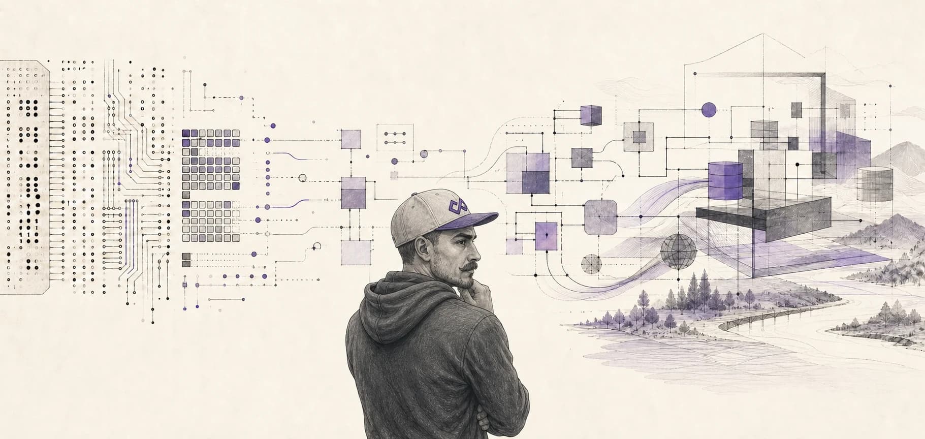 An engineer looking from low-level implementation details toward a complete system architecture